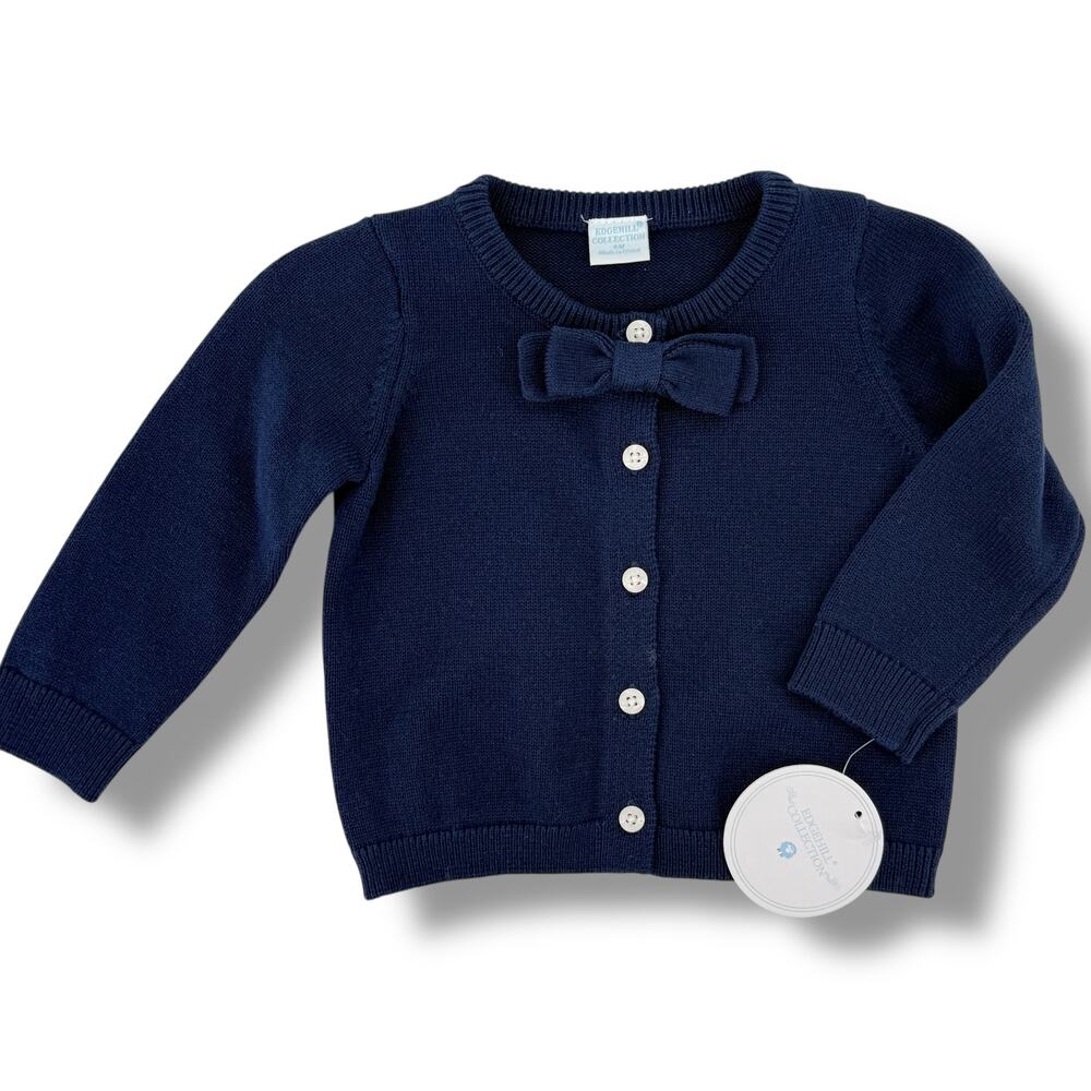 Edgehill Collection Baby Girl Cotton Bow Cardigan Sweater Size 6M Navy Blue Knit